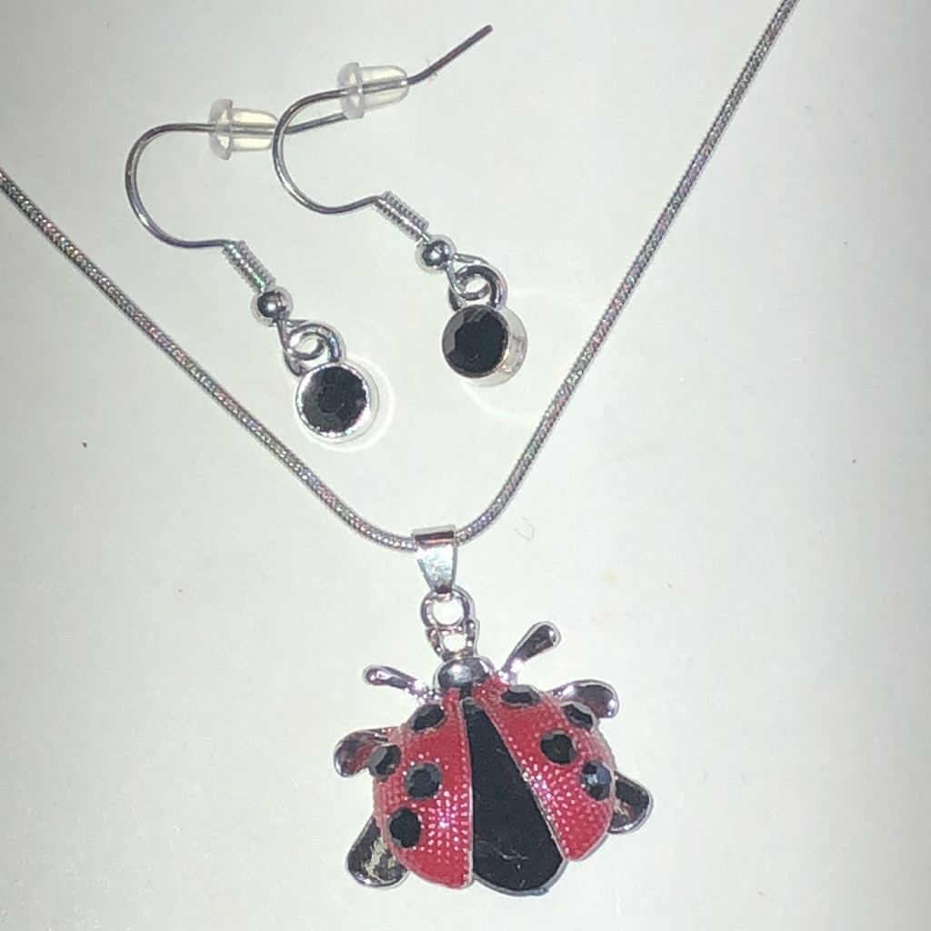 Silver Tone Ladybug Pendant Necklace And Earring Set